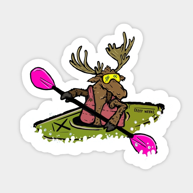 Kayaking Alaskan Moose, Creep Werks Moose in a Kayak Sticker by maroonbeard